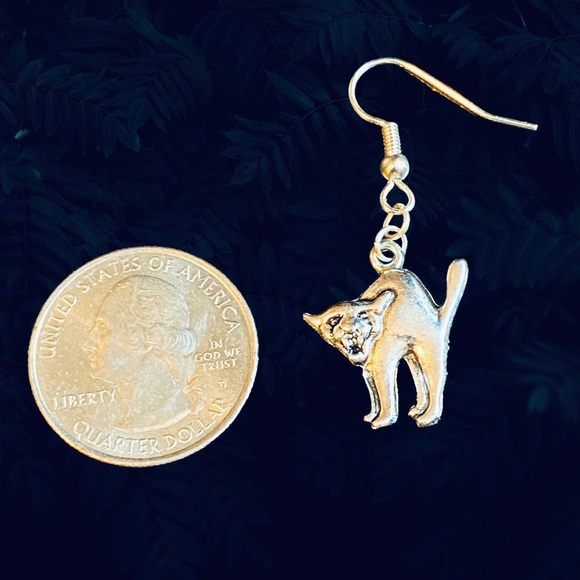 Hand Crafted Earrings Halloween Cat Charm Silver Metal Dangle Pierced - Picture 3 of 5